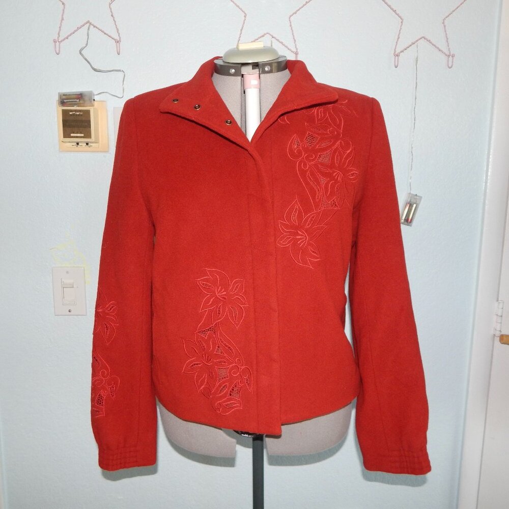 Carlisle Size 12 Red Wool Cashmere Coat Pockets Flowers Winter Vintage Boho